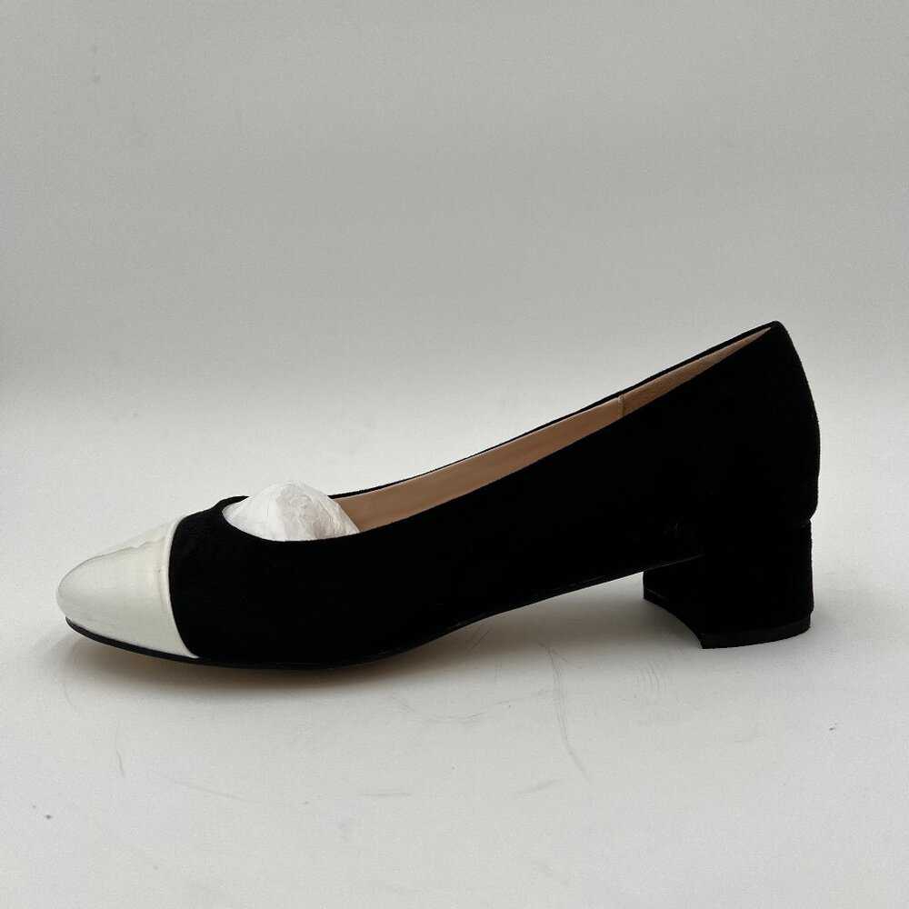 YDN Black And White Pointy Toe Office Pumps Block Low Heels Patchwork Shoes